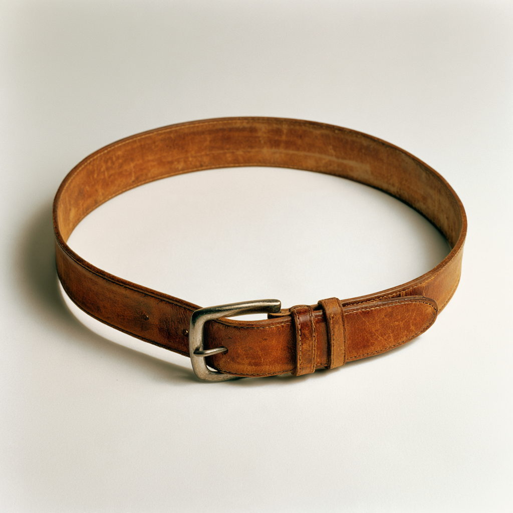 The namesake / A worn cognac belt, coiled. Antique brass buckle.