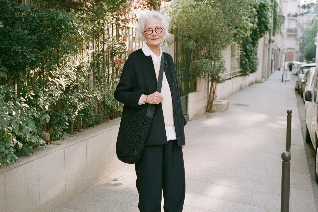 Grannybag / Worn by a granny, front-forward.