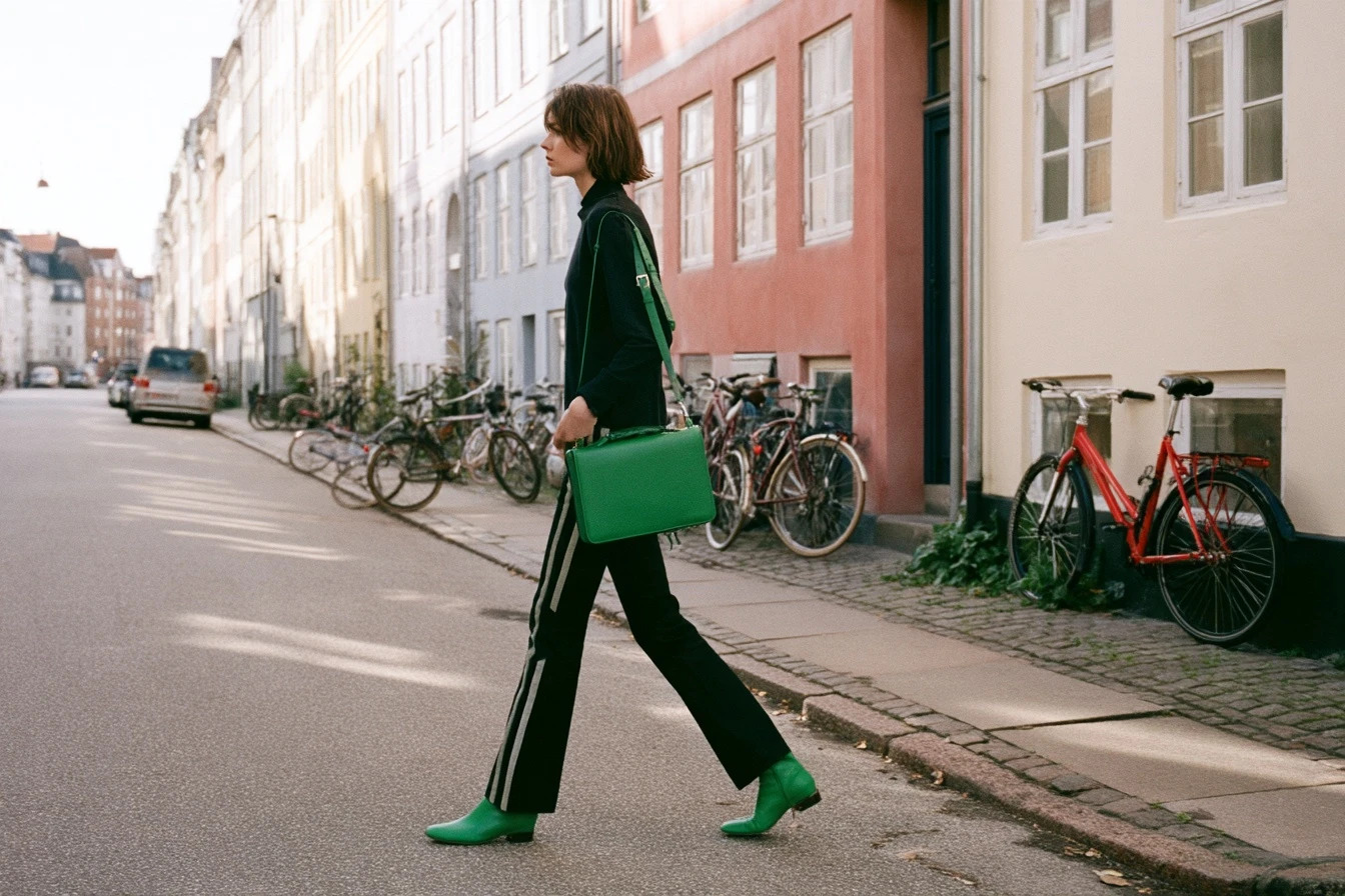 The Journalcase in green / Copenhagen. Kelly green full-grain leather, slim body, green strap.