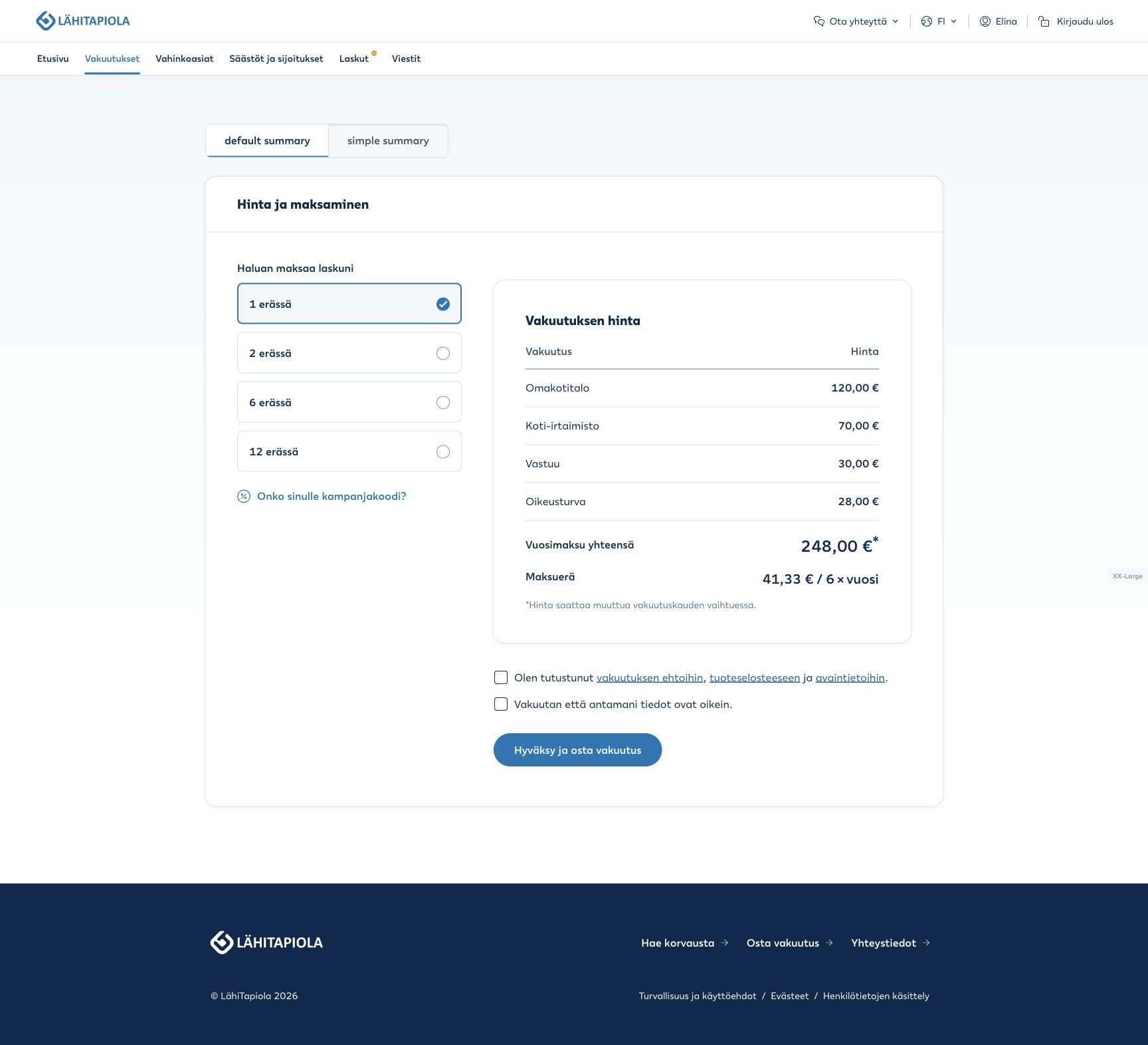 Price Summary — a working Duet template in the LähiTapiola theme. © LocalTapiola / Turva.