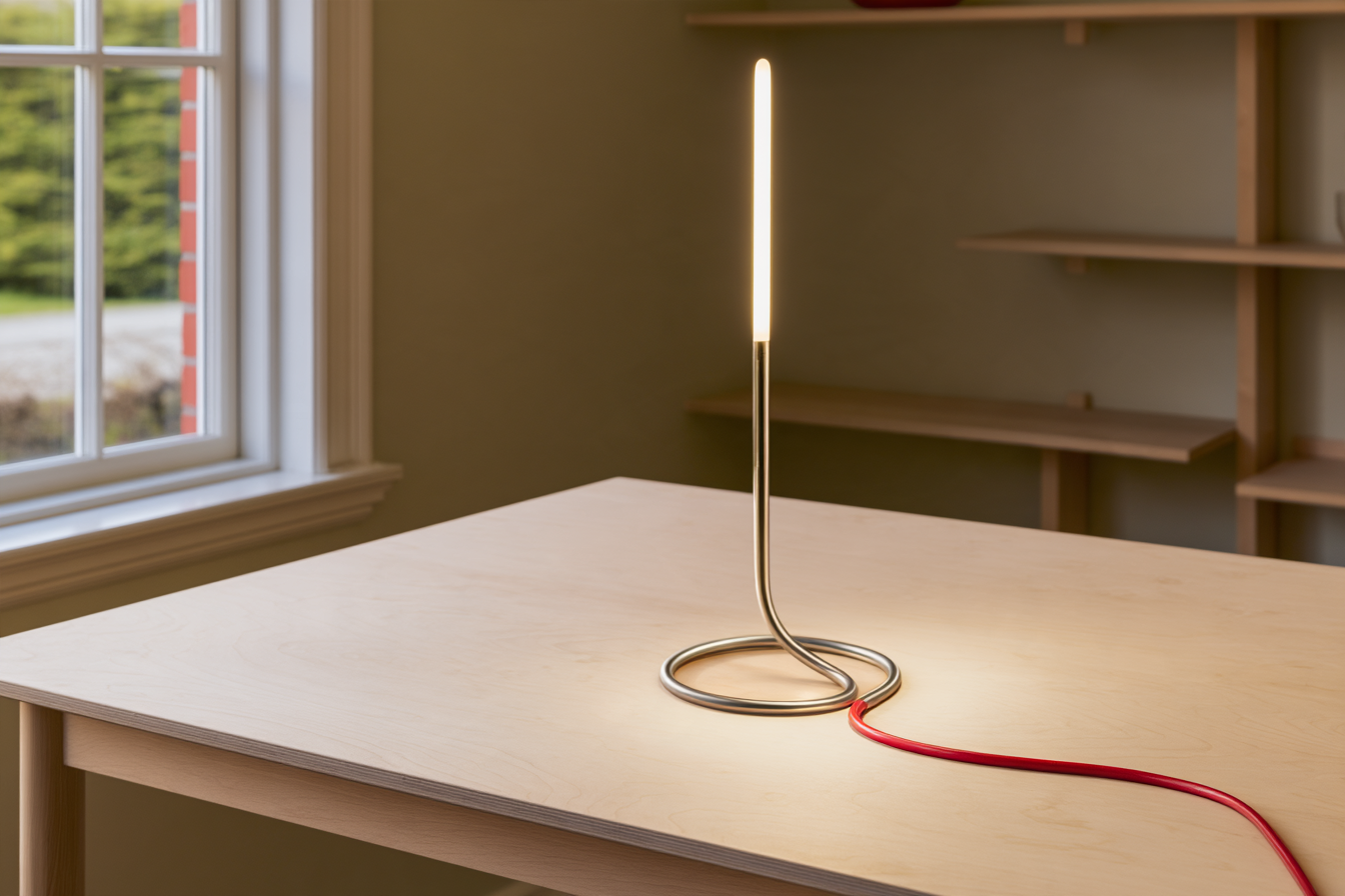 FlexLamp on a pale plywood table in natural window light, presentation study