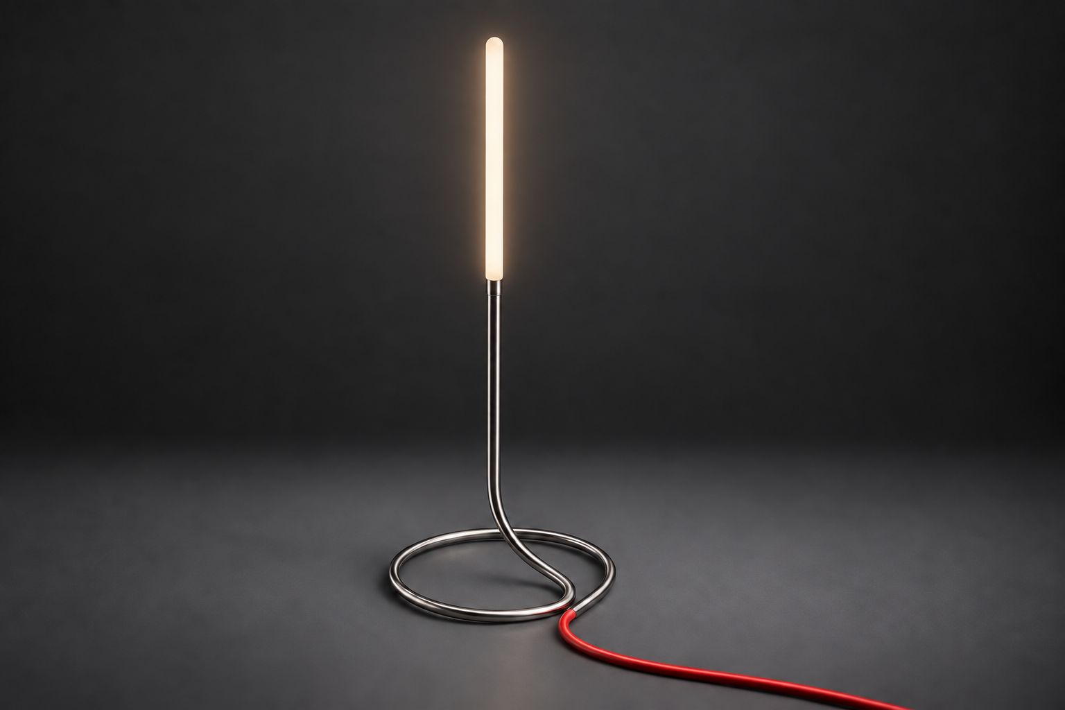 FlexLamp lit against a dark ground, steel loop base and red cable, presentation study