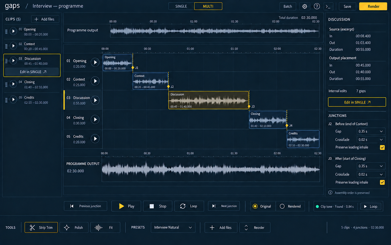 gaps multi-file editor with clips arranged in a waterfall timeline