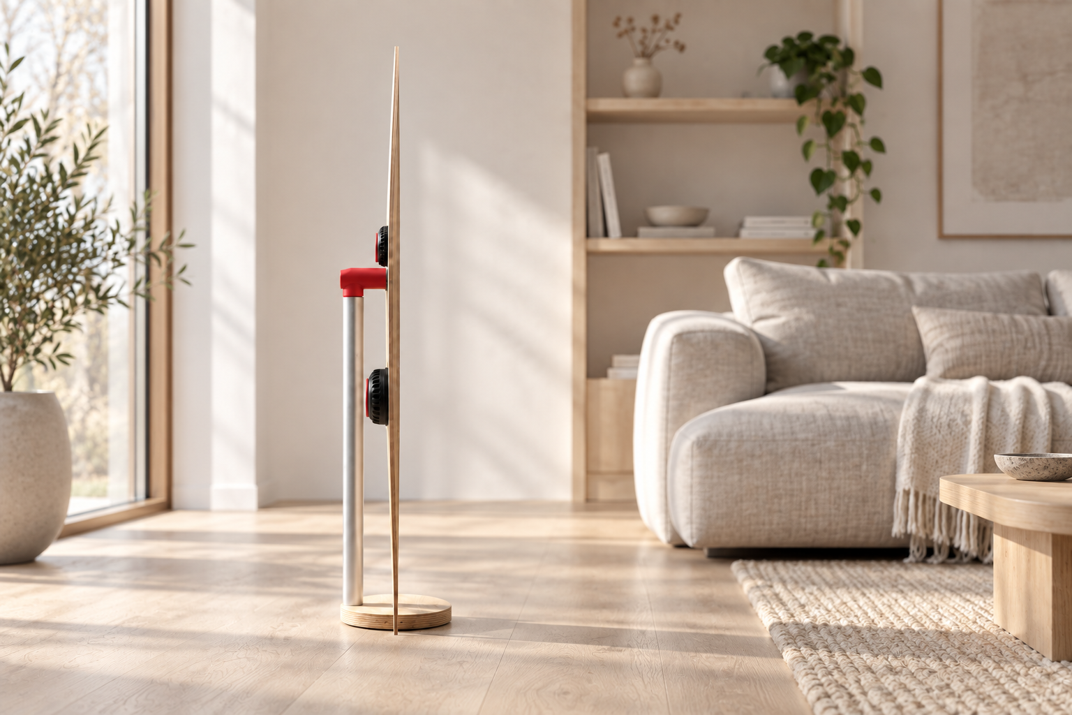 Thin birch speaker seen edge-on in a daylight Scandinavian living room