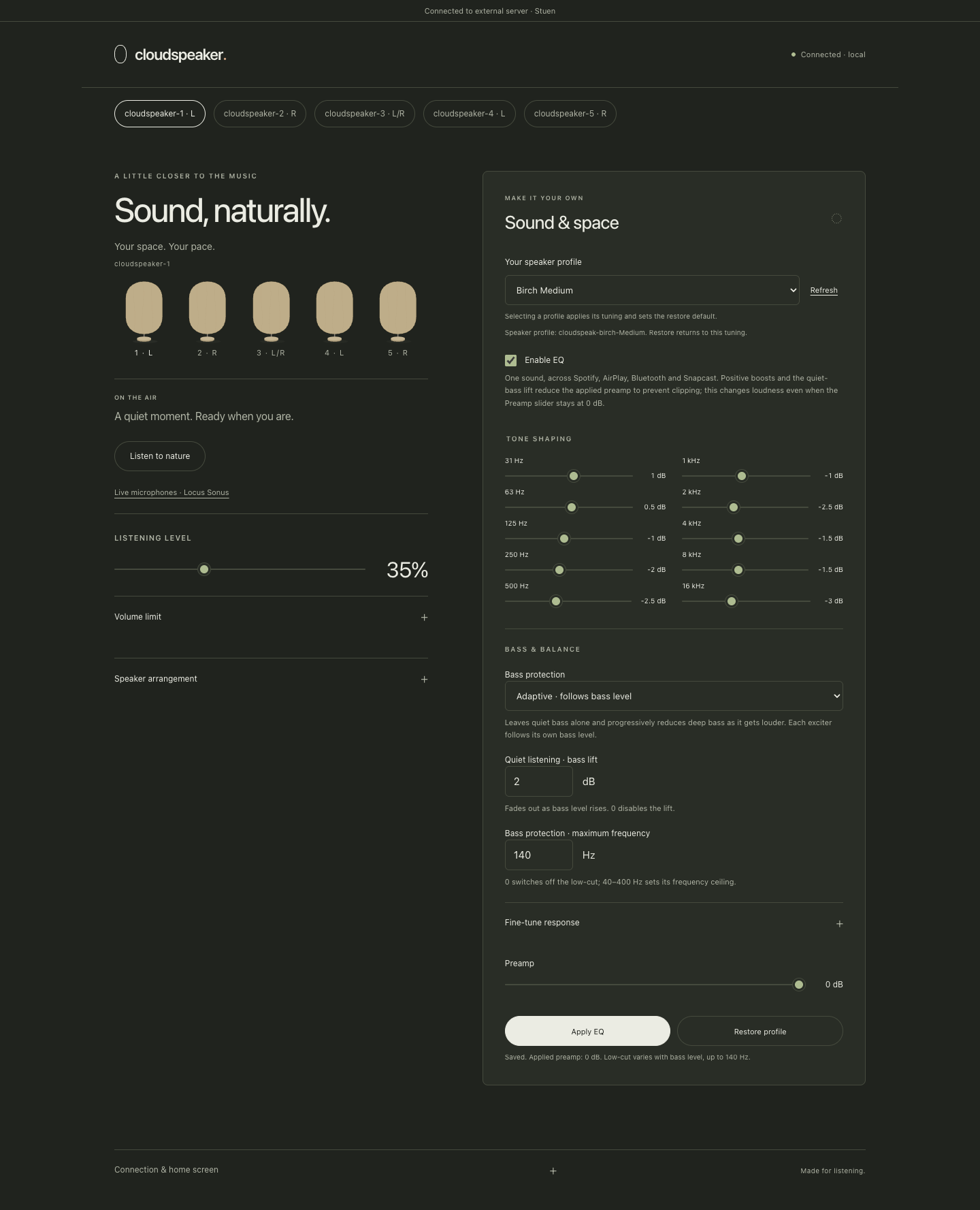Cloudspeaker five-speaker dark interface capture with numbered speakers and channel labels