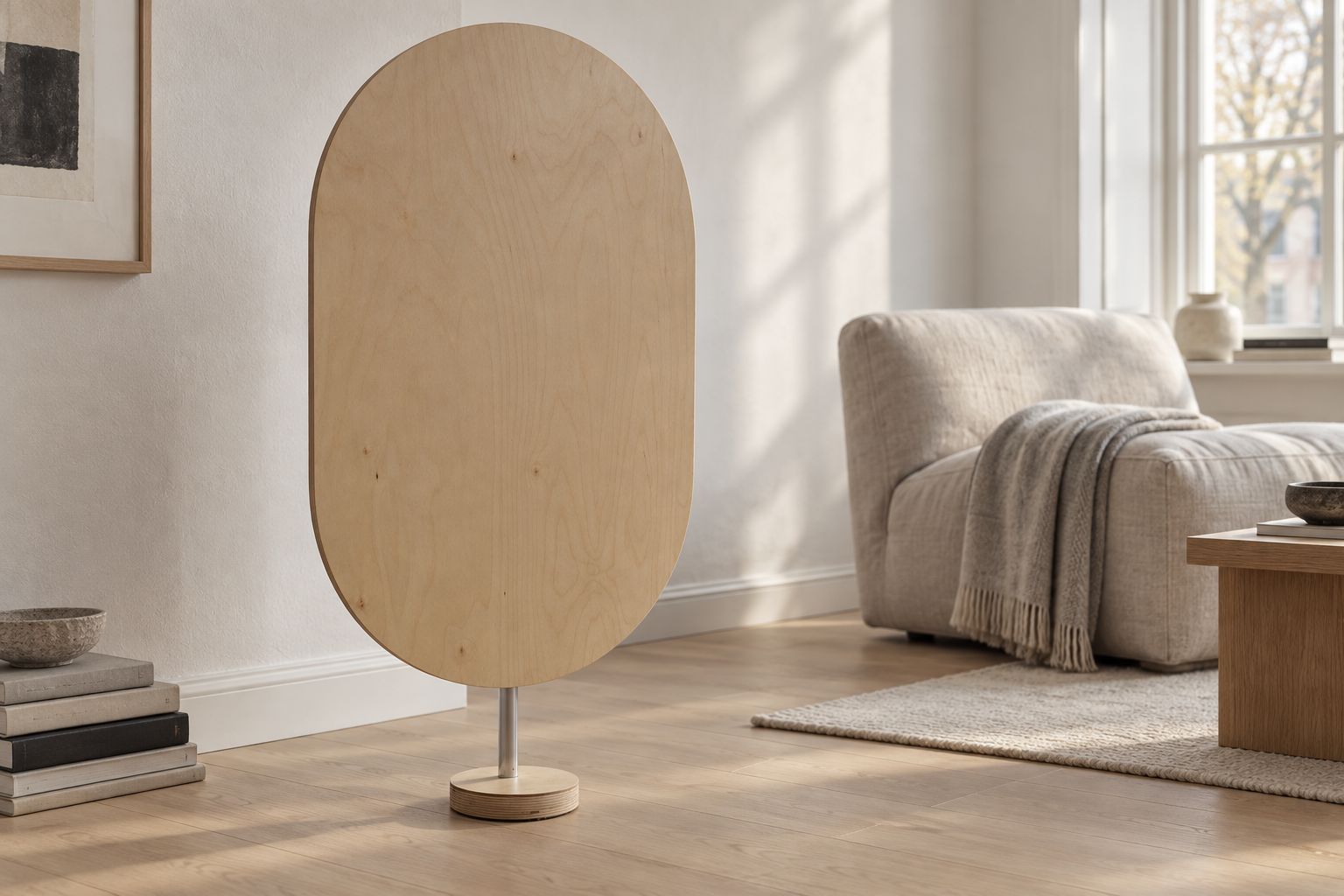 Oval birch-panel højtaler standing in a living room, presentation study