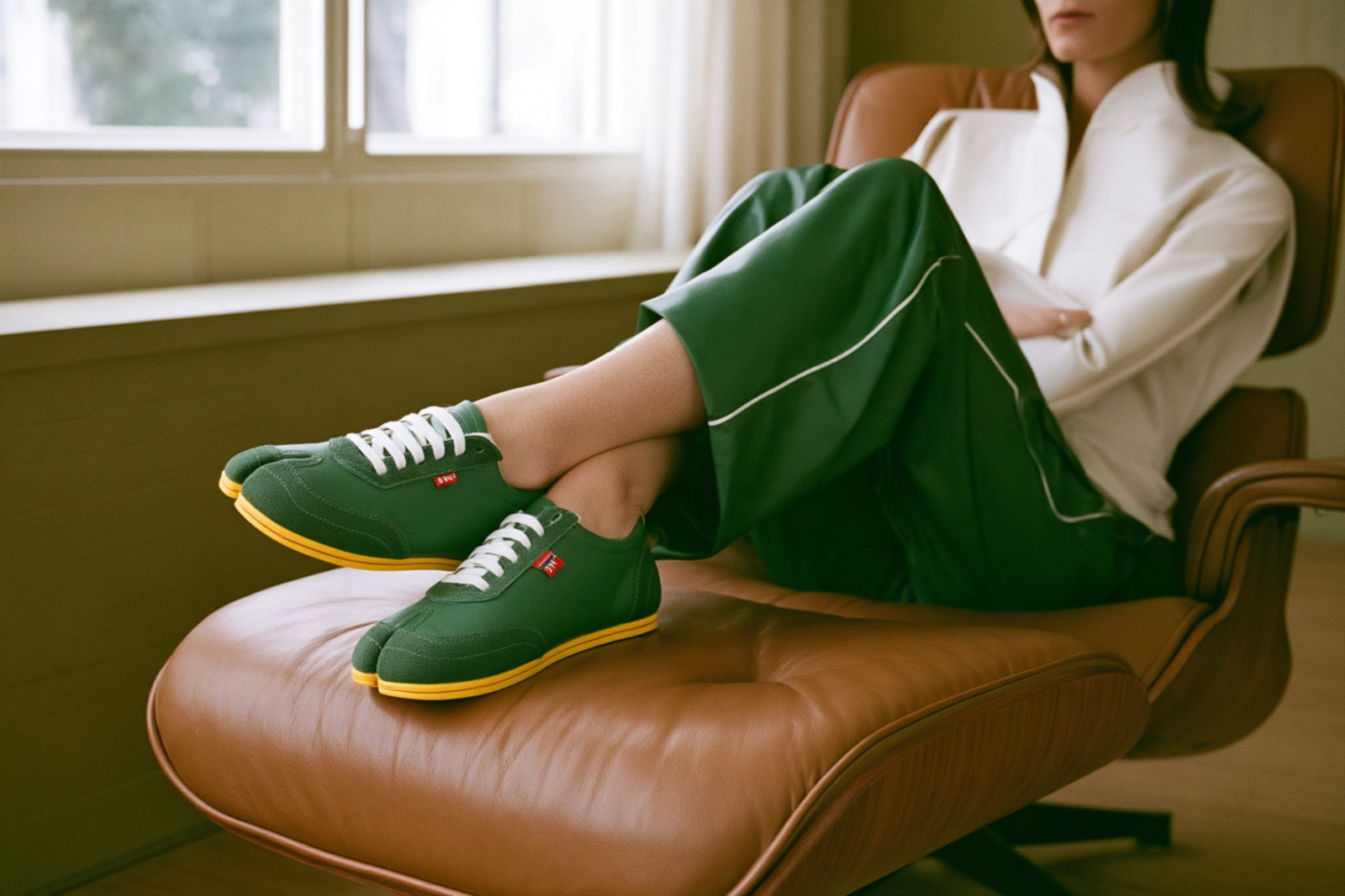 The green colourway in a lounge chair.