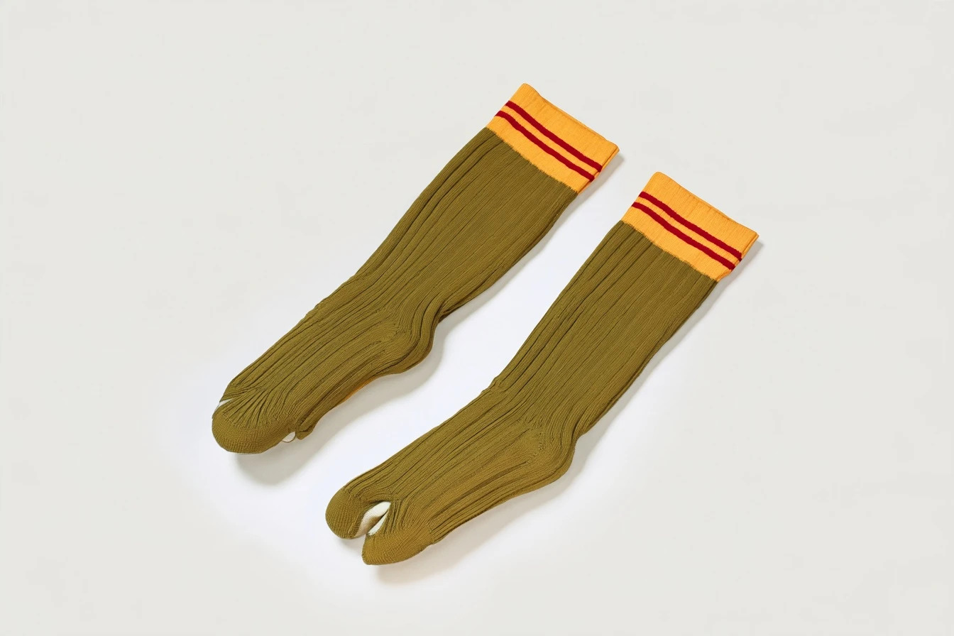Tabi socks — mustard knit with red-striped cuff.