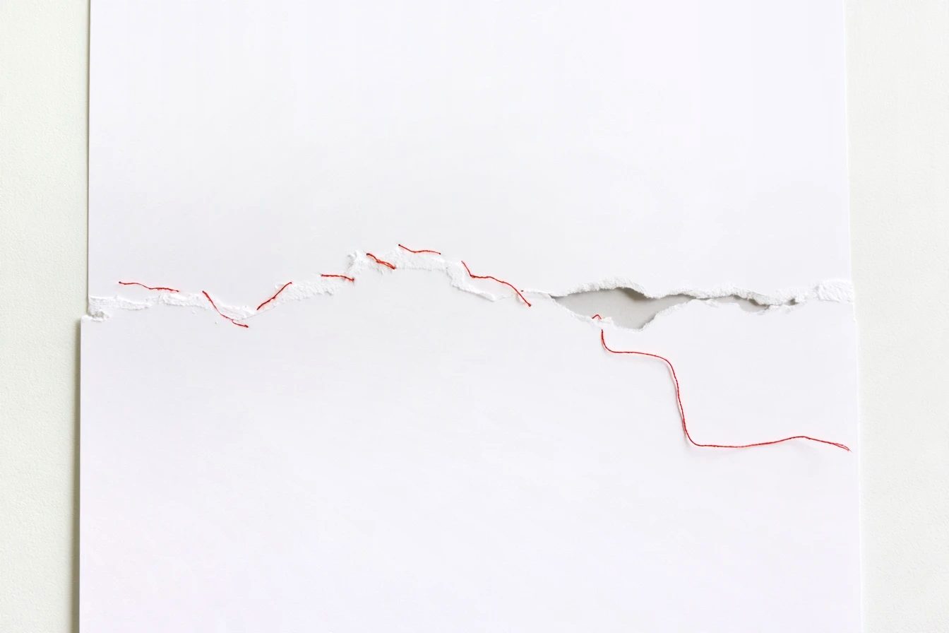 A single crimson thread descending diagonally across white paper, curling at its end