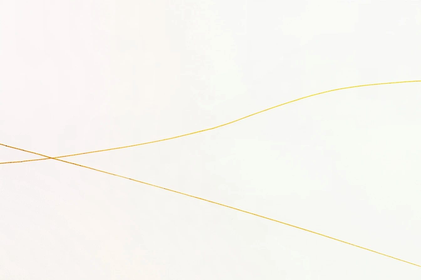 A single golden thread crossing itself in a long loop on white paper