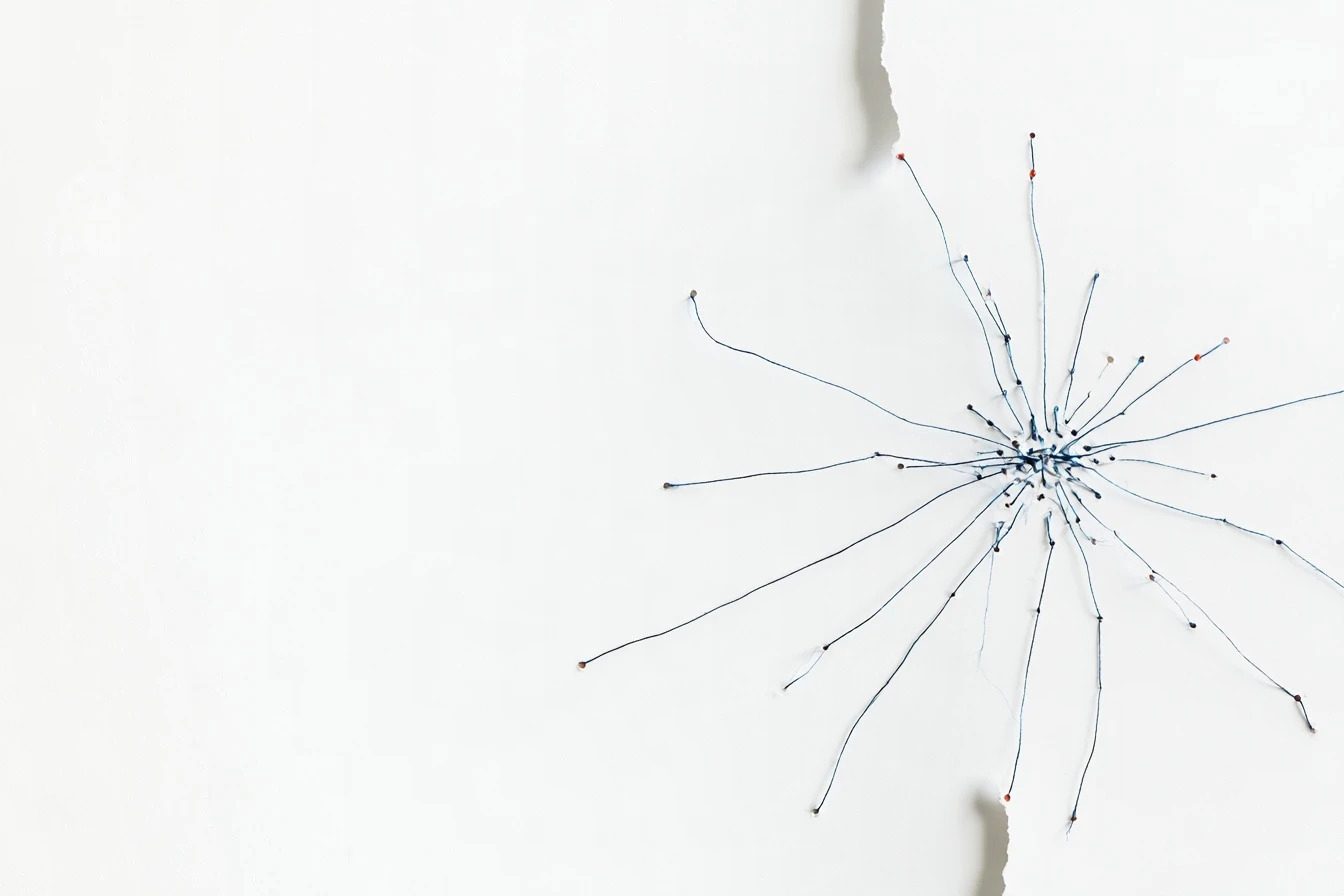 Indigo threads radiating from a single point across two torn sheets of paper