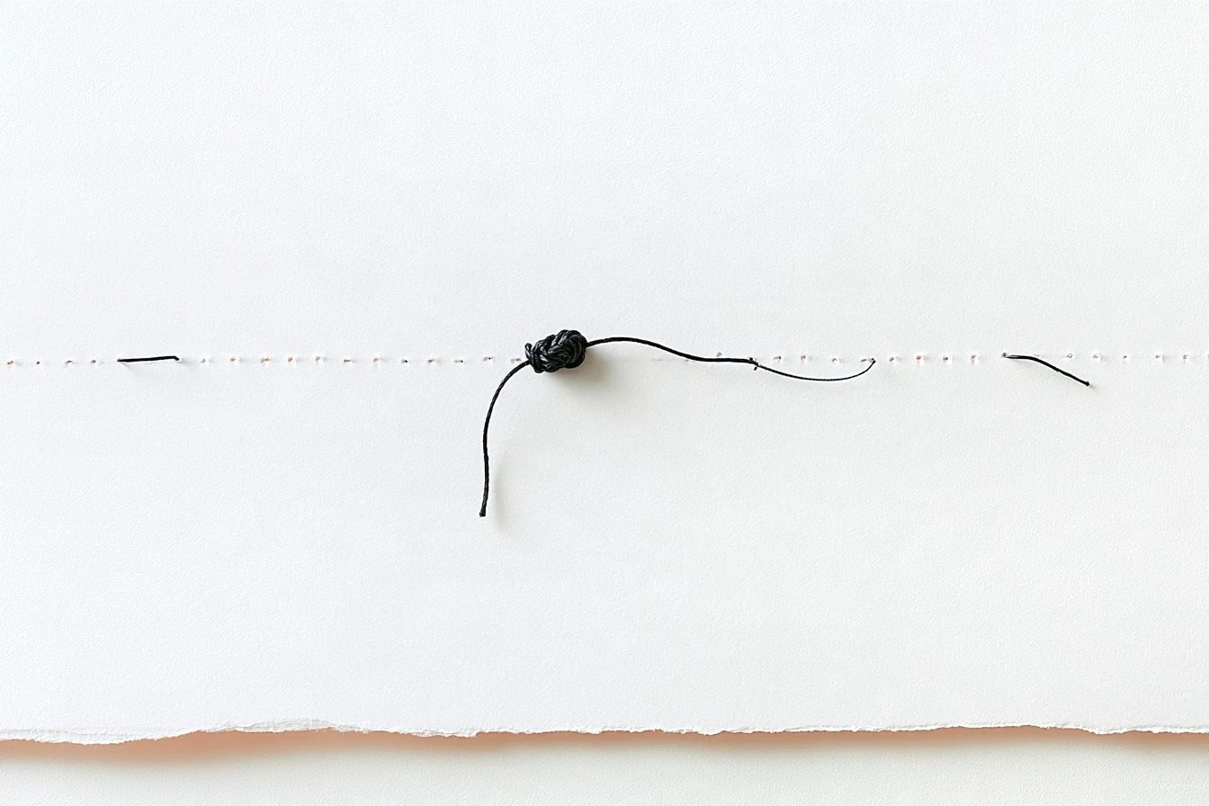 A black thread knotted mid-line along a dashed stitch across the sheet