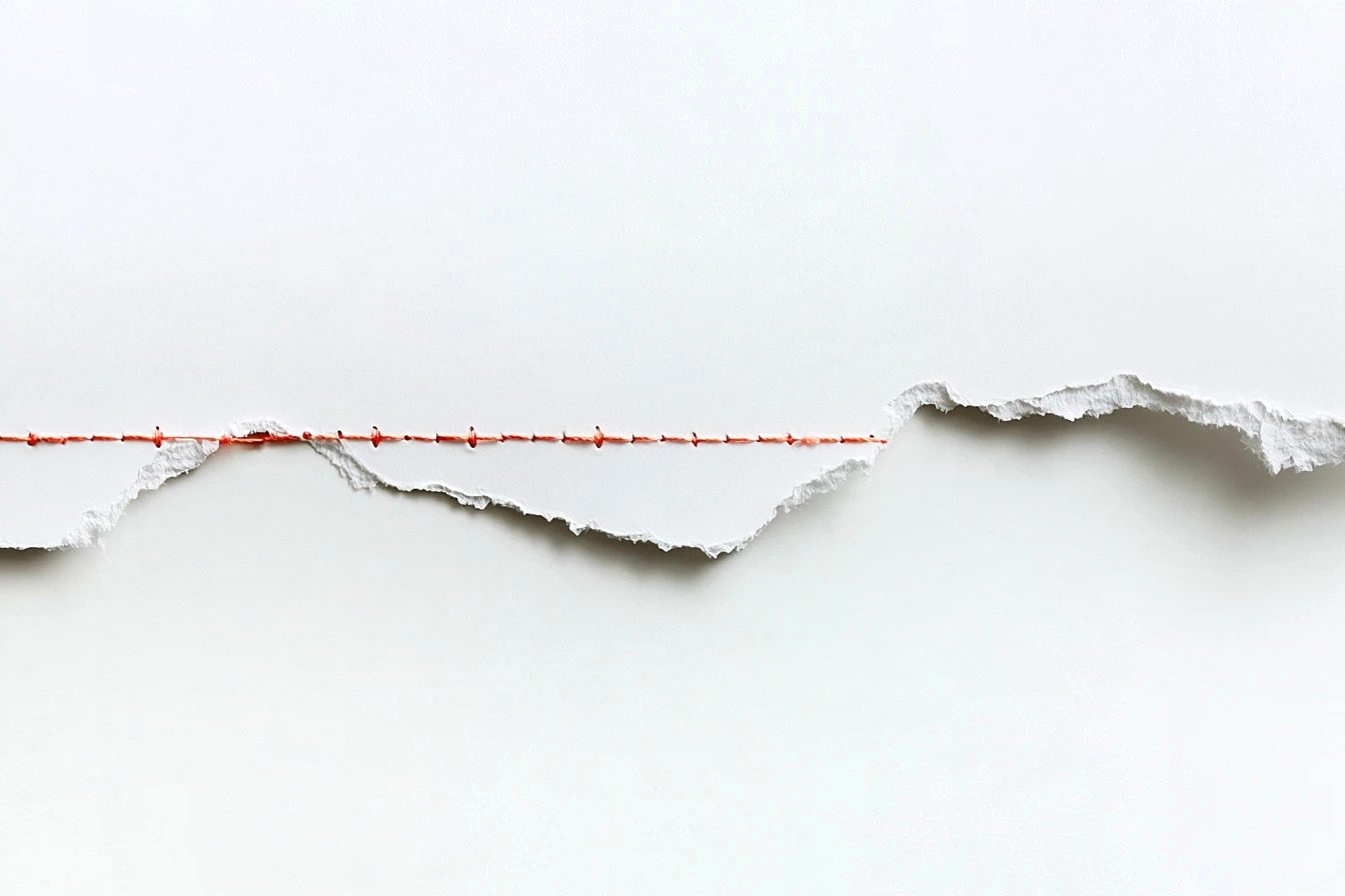 A coral-pink thread stitched along a tear in white paper