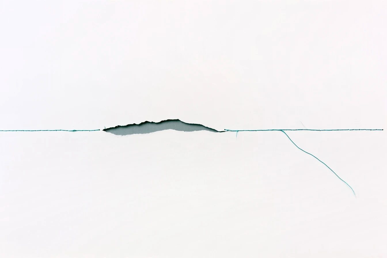 A teal thread stitched taut across a small tear in white paper, its tail escaping down