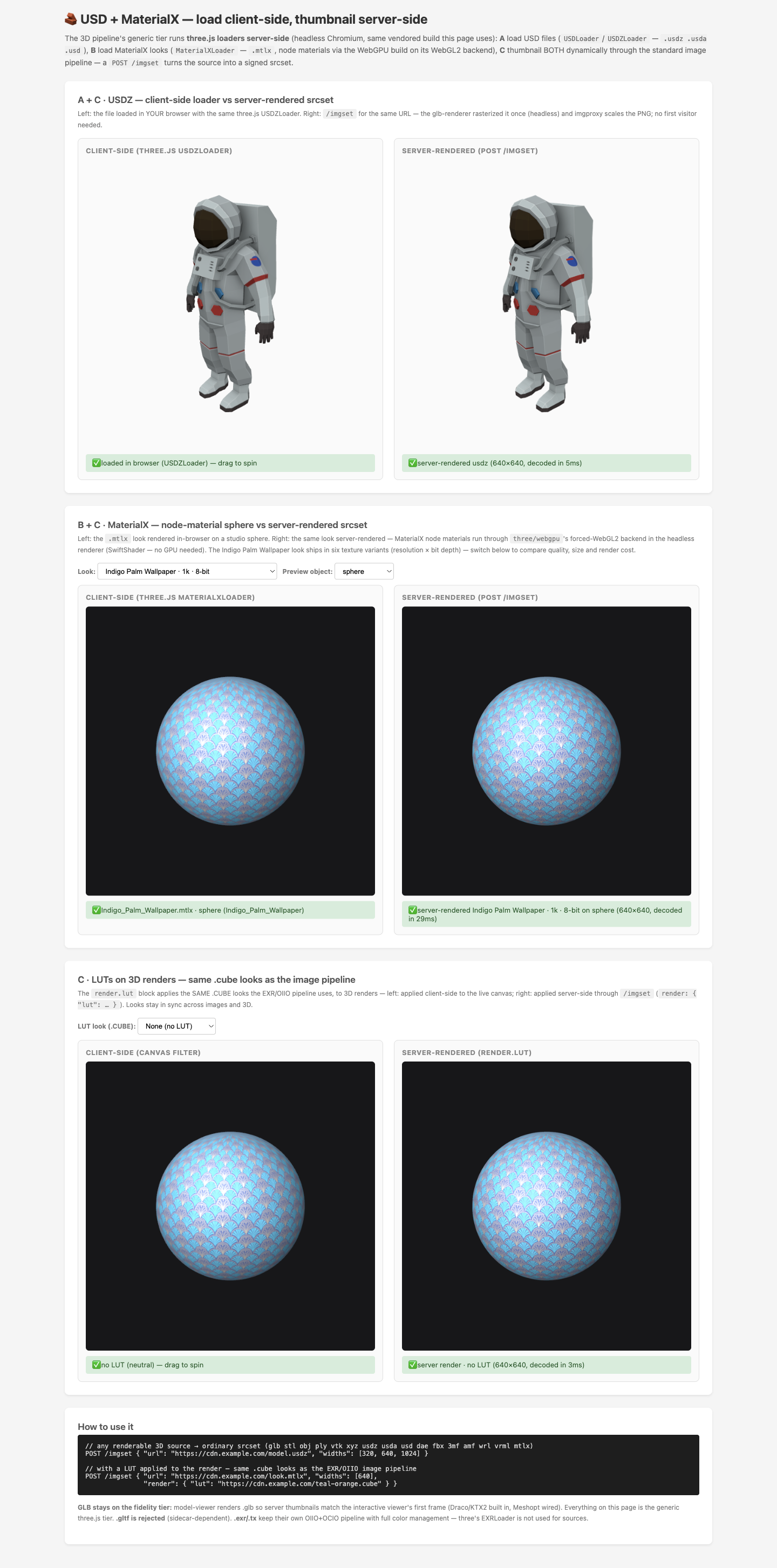 ImageScaler USD and MaterialX demo showing an astronaut and material previews