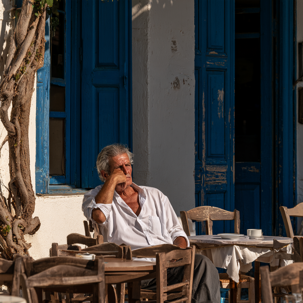 A Greek taverna with outdoor tables under afternoon light — the quintessential local, the namesake