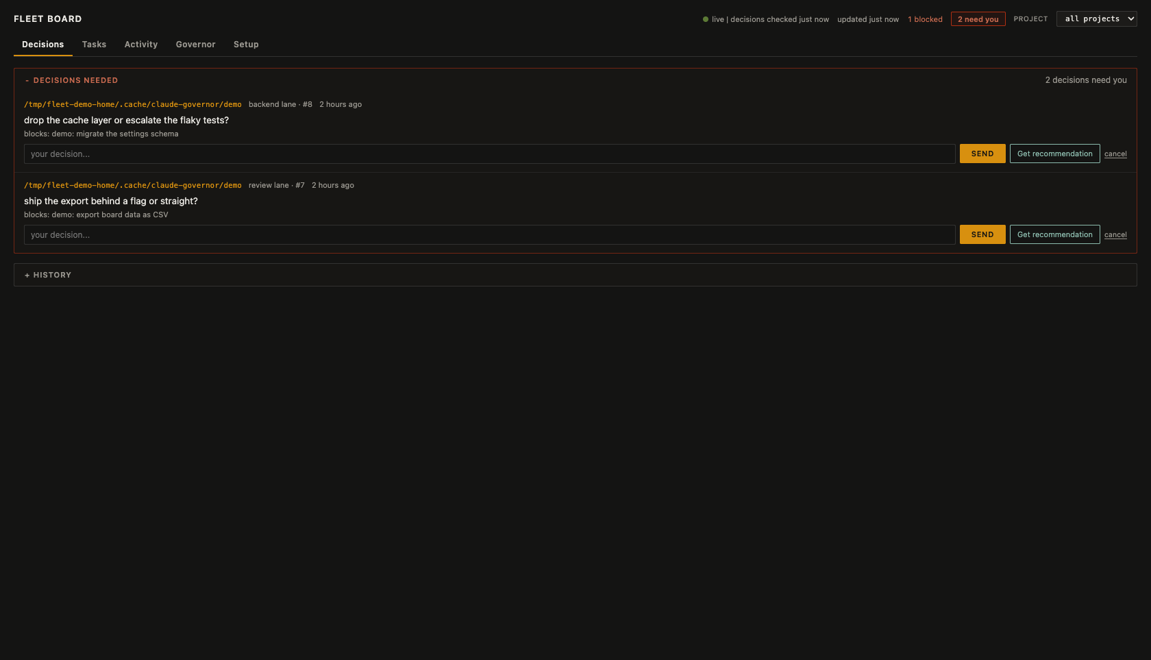 The suspenders fleet board: decision forks as red cards with inline advice, lanes, task columns and a live event stream