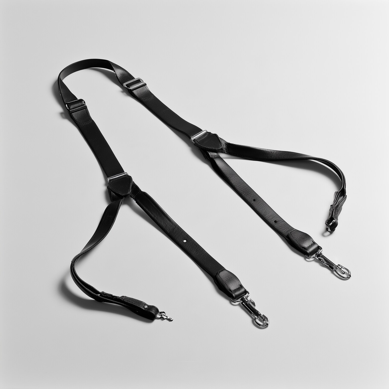 Black leather suspenders on a light background — the namesake